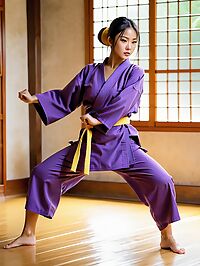 A tall petite Cambodian girl in purple karate robes sweats in Kyoto's heat