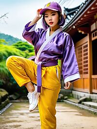 A tall petite Cambodian girl in purple karate robes sweats in Kyoto's heat