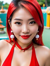 Adult Vietnamese girl in red halter top plays mini golf amidst colorful Japanese statues