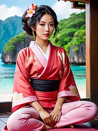 A Nepalese woman stands out in Palawan's pristine landscape wearing red kimono